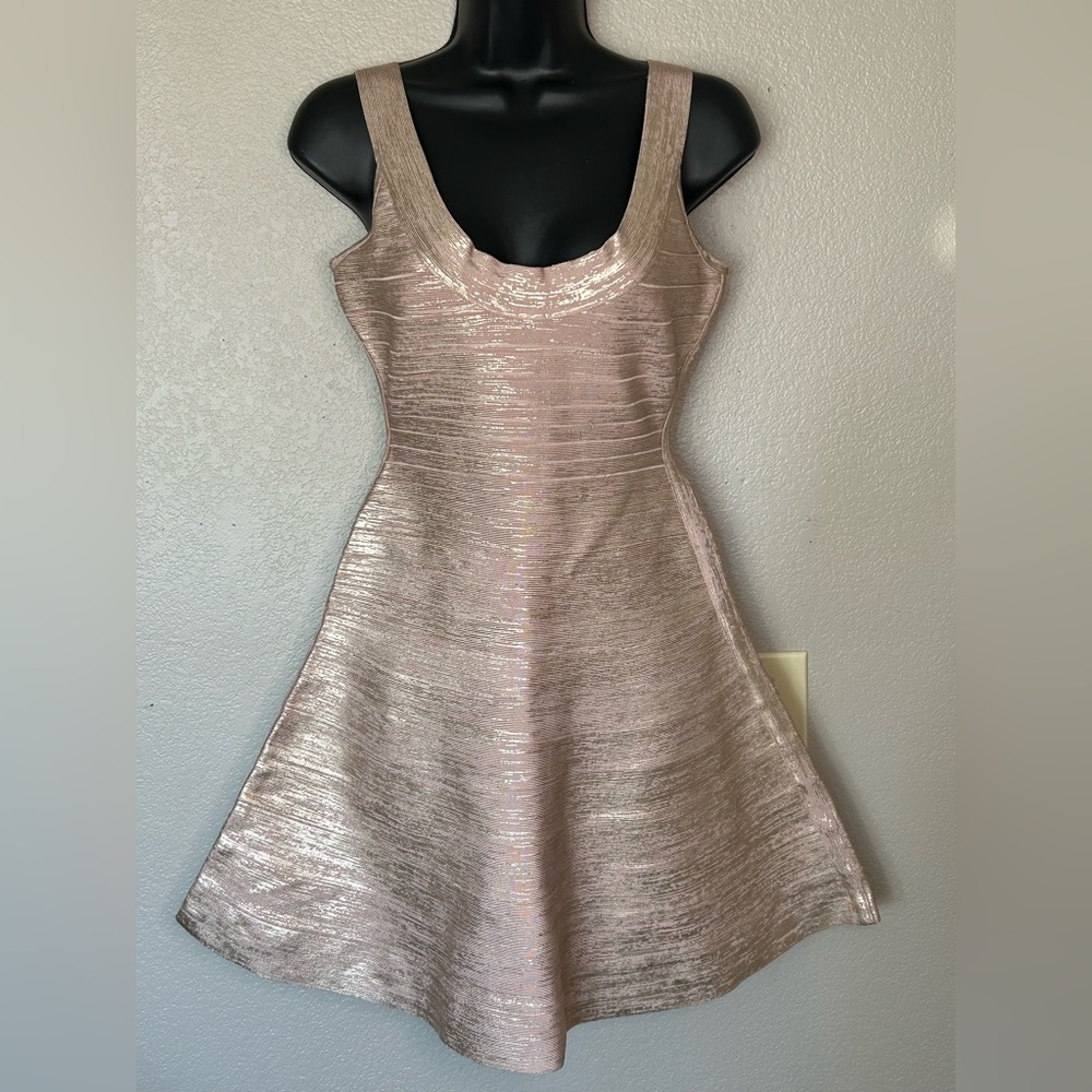 Herve Leger Metallic Rose Gold 'Eva' Party Cocktail Evening Formal Dress Sz S